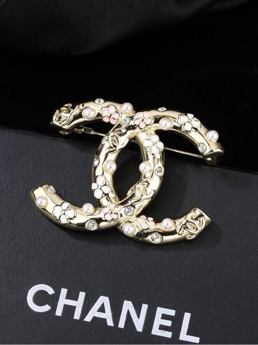 Gold Floral Pearl Accent Interlocking CC Brooch - Pink & White